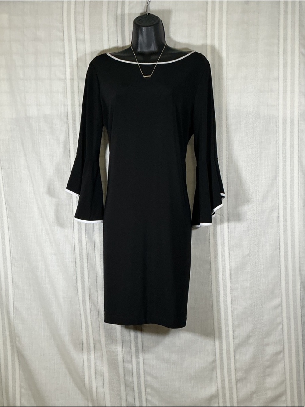 Annalee Hope Black Sheath Dress White Trim Bell Sleeve Midi Elegant Size L